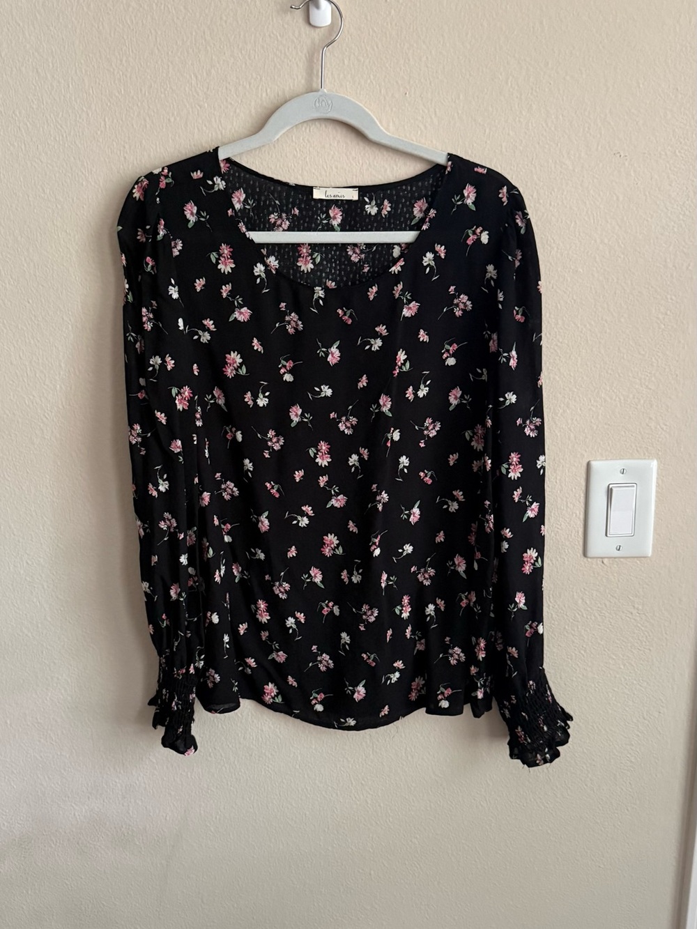 Black Floral Long-Sleeve Blouse with Smocked Cuffs